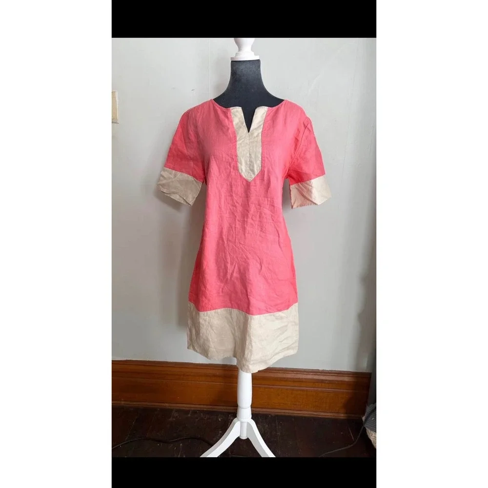 Pink Beige 100% Linen Colorblock Shift Dress‎ XS Lagenlook Beachy coastal